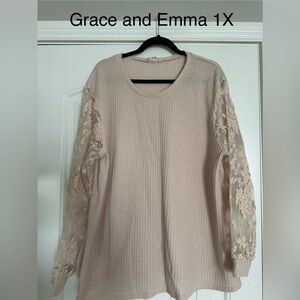 Grace and Emma cream top with lace sleeves 1X